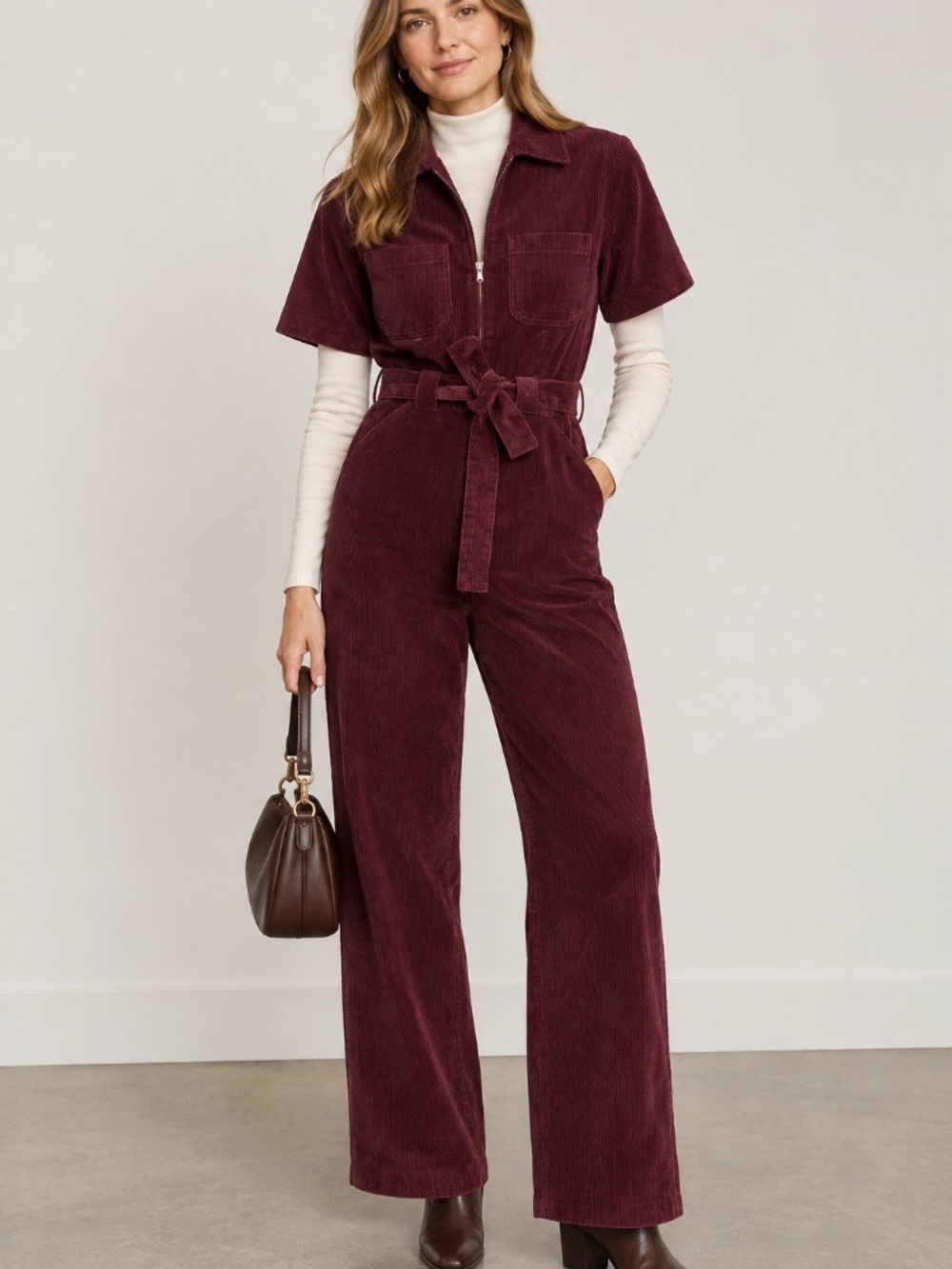 & Other Stories Corduroy Short-Sleeve Jumpsuit in Deep Wine. Size 12